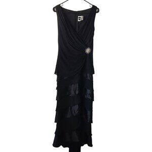 Tadashi Shoji US Size 6 100% Silk Gown Black Tiered Layers Rhinestone Brooch